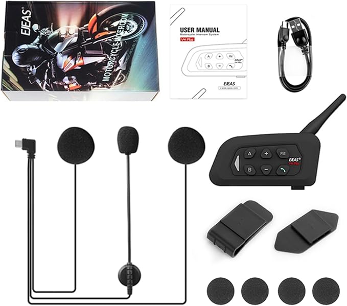 EJEAS V4 Plus Helmet Communication System, Motorcycle Bluetooth V5.1 Headset 1500m Helmet Intercom with Noise Reduction/3D Sound/FM Radio/Hands-Free, Ideal for 2 to 4 Riders Group Talking (1PC)