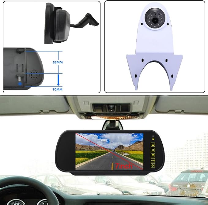Universal Camera Car Top Mount Rear View Reverse Parking Camera,Replacement for Citroen Berlingo Jumper Jumpy Nemo Dacia Dokker Van Navara HD All RV Models(White Camera with 7 inch Rear View Mirror)