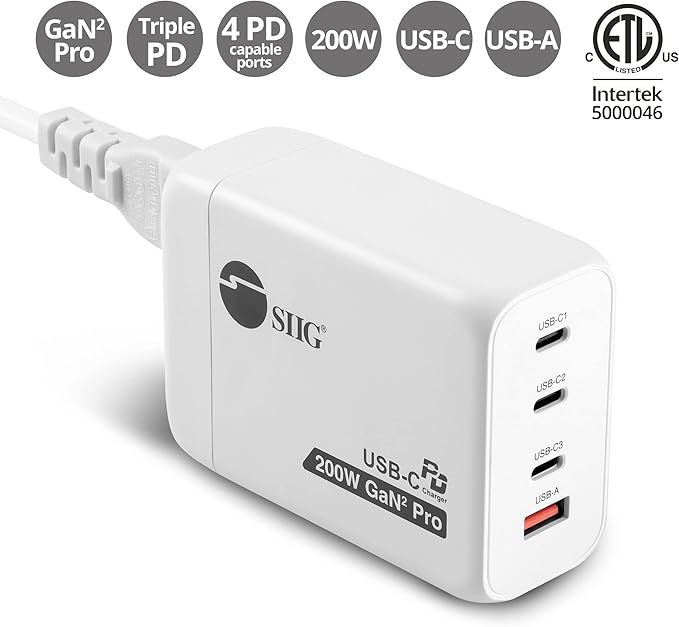 SIIG 200W USB C Charger Block, 4-Port GaN Fast Charging with 100W PD, QC3.0 65W PPS, 3X USB-C 1x USB-A, for MacBook Pro/Air, iPad, iPhone 14 Pro, Galaxy S23, Steam Deck, Pixel (AC-PW1V11-S1)