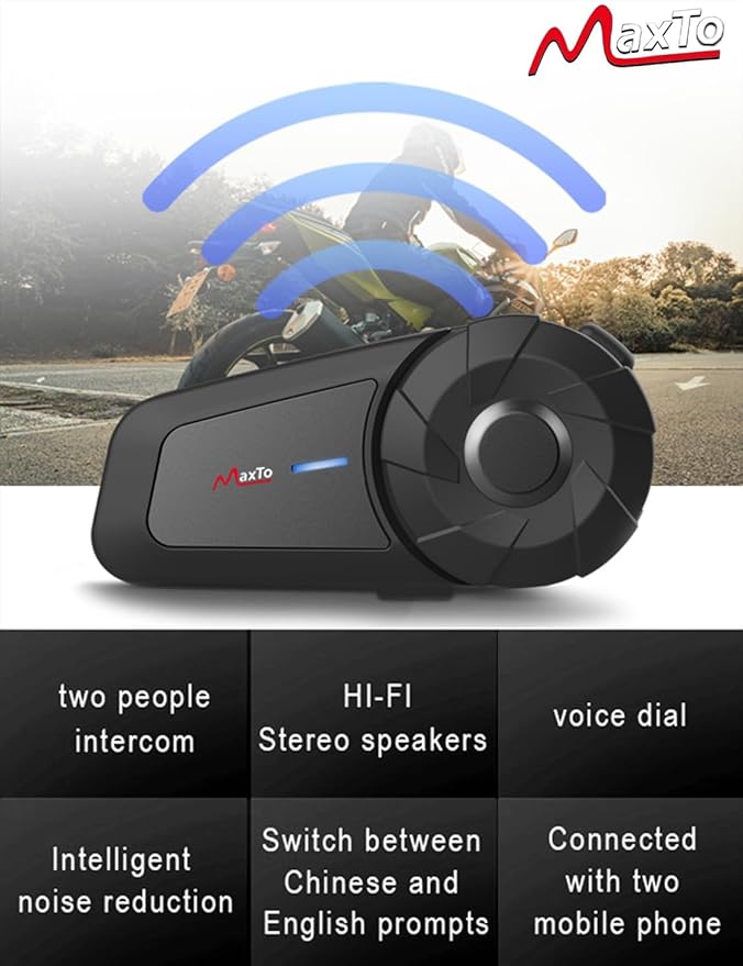 MAXTO Motorcycle Bluetooth Headset, MX1 2-Riders 800M Universal Intercom Communication Systems, HiFi Stereo Sound/IPX6 Waterproof, Motorcycle Helmet Speaker-Intercom-Headset,1 Pack