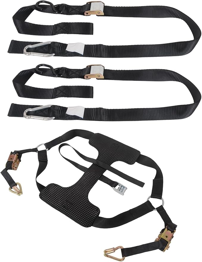 MOTO4U Sport Motorcycle Tie down Bundle,1 PK Motorcycle Rear Wheel Tie Down Straps with Ratchets & 2 PK 1.5" x 7' Cam Buckle Straps with soft Loops & Safety Hooks & Snap Hook Black