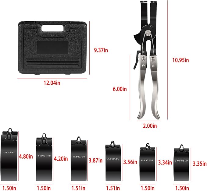 940387 Piston Ring Compressor Tool Set with 6 Piston Rings | 2-7/8" to 4-3/8", Ratchet Compression Pliers and Clamps, Professional Engine Maintenance, Storage Case