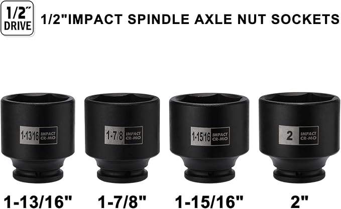 Mayouko 4PCS 1/2" Drive SAE Spindle Axle Nut Impact Socket Set, 1-13/16, 1-7/8, 1-15/16, 2 Inch, 6 Point, CR-MO, Standard