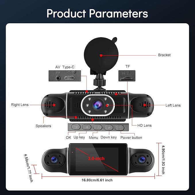 NHOPEEW 4 Channel 360 Dash Cam, 3 inch IPS Screen 1080P Front and Rear Inside, 720P Left Right Dash Camera for Cars with WiFi&App Control, Night Vision, Loop Recording + 64G TF Card