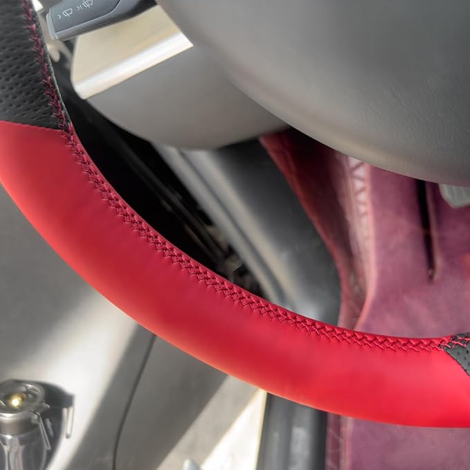 MEWANT Hand Stitch Black Red Faux Leather Steering Wheel Cover Wrap for Model Y 2020-2023 Tesla Model 3 2017-2023