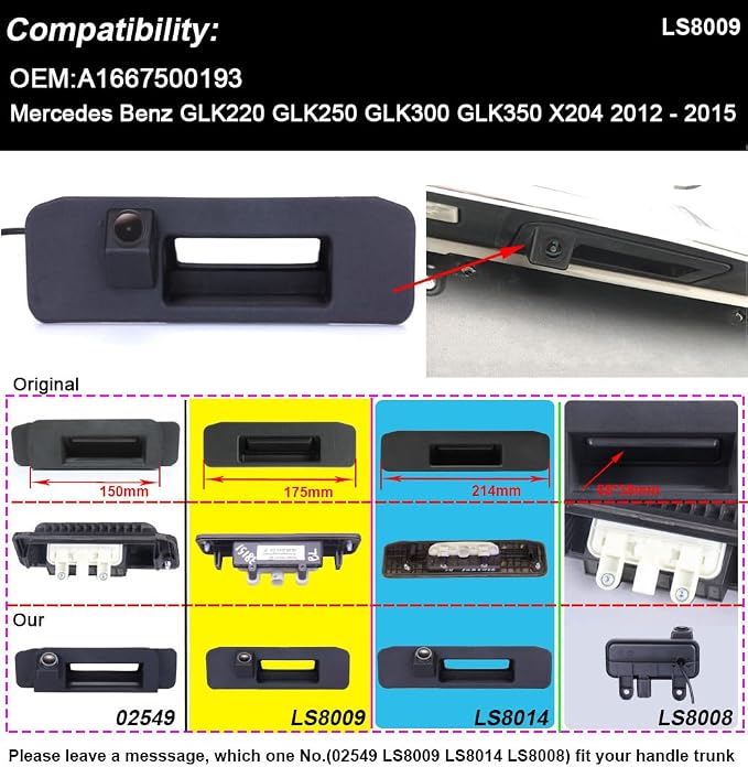 1280 * 720pixel Rear View Camera IP68 Waterproof Car Trunk Handle Backup Camera Compatible with Mercedes Benz GL K220 GL K250 GLK300 GL K350 X204 2012-2015 OEM:A1667500193 (LS8009=150 * 52mm)