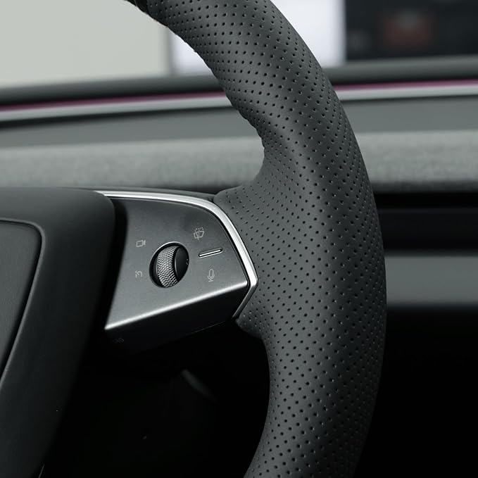MEWANT Shiny PU Carbon Fiber Faux Leather Steering Wheel Wrap for Tesla Model3 Highland 2025 Tesla Model Y Juniper 2025