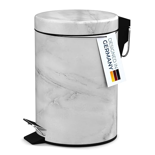 Sanilo Small Bathroom Trash Can with Lid [1.3 Gallon] - Lidded Tiny Trashcan for Garbage - Mini Metal Bin with Soft Closing Mechanism - Bath Room Accessoire Wastebin with Inner Bucket (Marble)