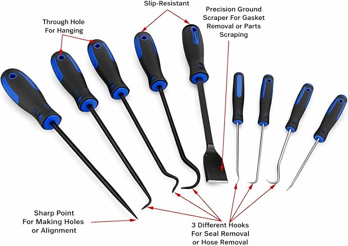 Tech Team #789-9-Piece Hook & Pick Set – Radiator Coolant Hose Removal, Seal & Gasket Pick Tools with Comfort Grips – Includes 4 Mini Picks & 5 Full-Size Hook Tools for Automotive & Repair Work