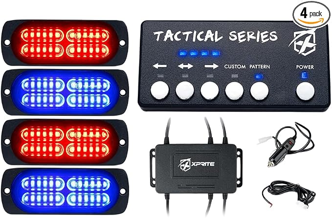 Xprite 24 LED Surface Mount Strobe Lights Kit with Control Panel, Grill Grille Side Marker Flashing Emergency Warning Police Light Assembly for Trucks Vehicles ATV RV Cars Van Red Blue, 4PCS