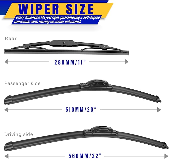 3 wipers Replacement for 2007-2015 jeep compass, Windshield Wiper Blades Original Equipment Replacement - 22"/20"/11" (Set of 3) U/J HOOK