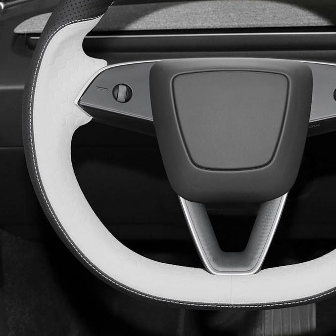 MEWANT Stitching Black White Embossed Faux Leather Steering Wheel Cover for Tesla Model 3 Highland 2025 Model Y Juniper
