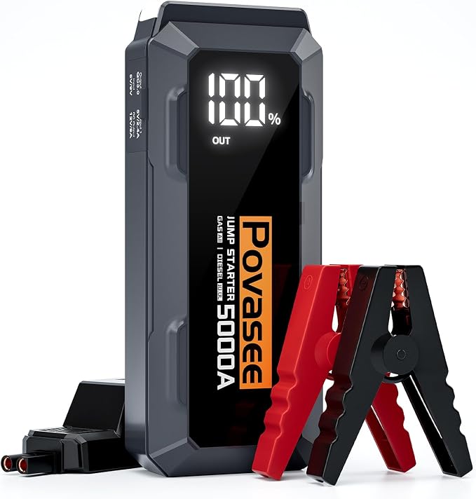 5000A Jump Starter Povasee A40 Car BatteryJump Starter, 12V Jump Box for Car Up to All Gas or 10L Diesel Engine Battery Jumper Starter Portable with 3" LCD Display Power Bank/Dual Output/LED Light