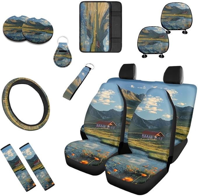 Mountiantop Lakeside House Car Seat Covers Seat Cover Set of 13 Pack Landspace Oil Painting Ultra-Soft Universal Fit for Cars Keychain Coaster for SUV Sedan Van