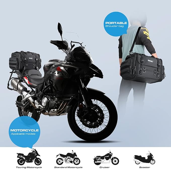 Rhinowalk Motorcycle Saddle Bag Motorbike Tail Bag Waterproof Expandable Pannier Bag Powersports Travel Luggage 60L (Black)