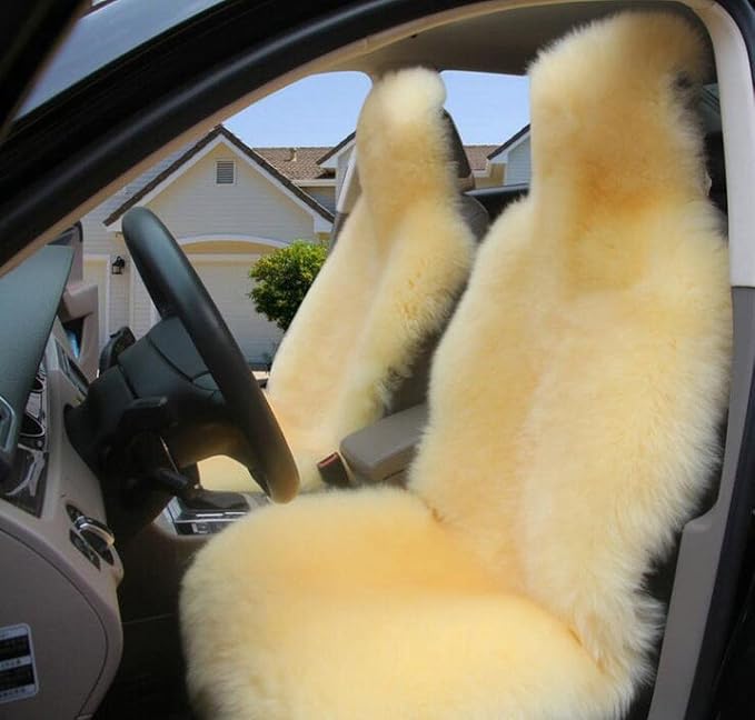 Winter Warm Authentic Australia Sheepskin Car Seat Cover Luxury Long Wool Front Seat Cover Fits Most Car, Truck, SUV, or Van (Beige)