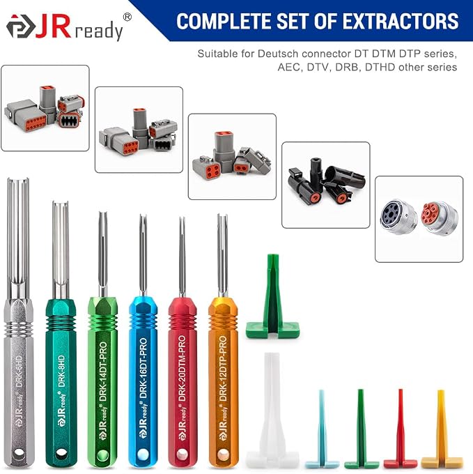 JRready ST5257-PRO Deutsch Connector Tool Kit for 4#8#16#12#20# Solid/Stamped Contacts 6-22 AWG, with Plastic DRK-RT1 Pin Removal Tool for Deutsch DT,DTM,DTP,DTV,HD Series Connector Release Tool