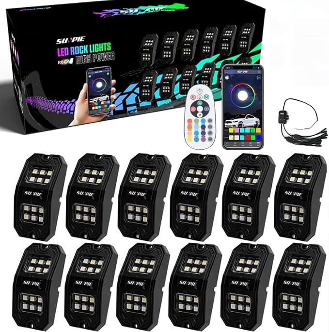 SUNPIE 12 Pods Upgraded 210 Degrees Wide Angle RGBW Rock Lights App Voice Mode Music Mode Automatic Control Neon Light Kit Wheel Well Lights for Off Road Truck SUV ATV UTV Boats