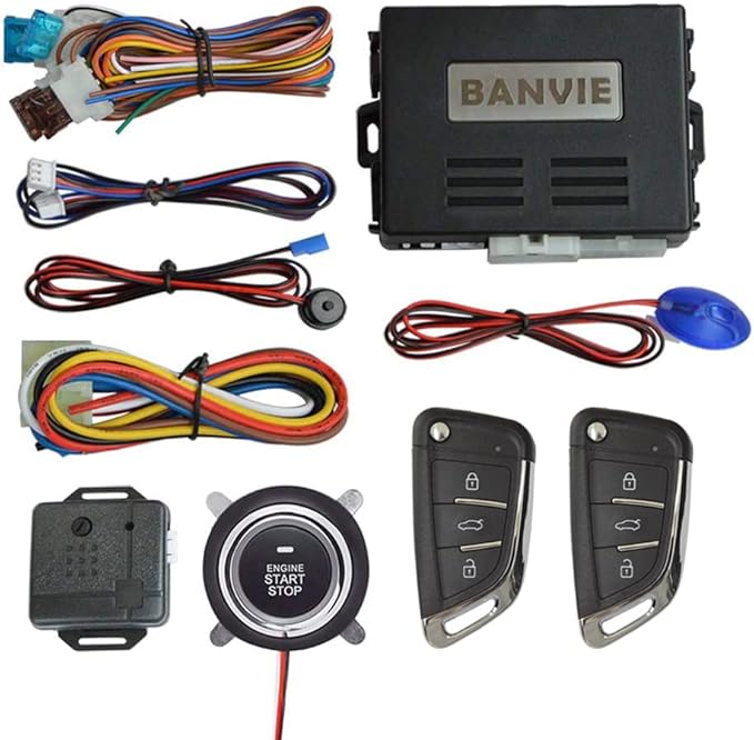 BANVIE Car Alarm System with Remote Starter and Engine Start Stop Push Button (Without Siren (Connect to car Horn))