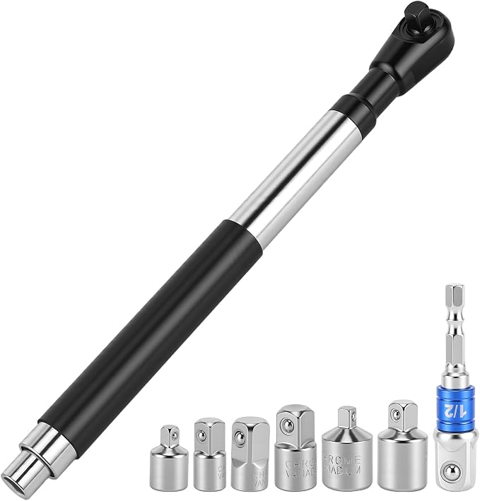 1/2 Inch Offset Extension Wrench Impact, Black | Strong Torsion Output Steel, 6 Sockets & 1 Adapter Rod, For Tight & Narrow Spaces