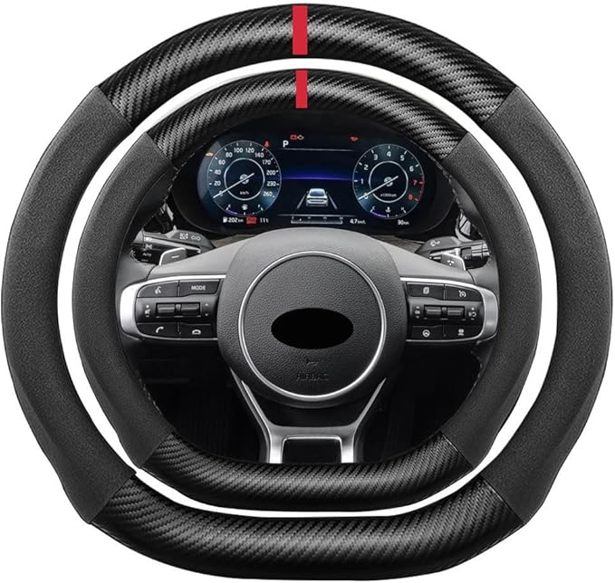 D Shape Suede Carbon Fiber Steering Wheel Cover, Compatible with KIA Forte K5 Stinger Soul Sportage 15 inch Flat Bottom Soft Suede Touch Leather Sport Non-Slip Interior Accessories