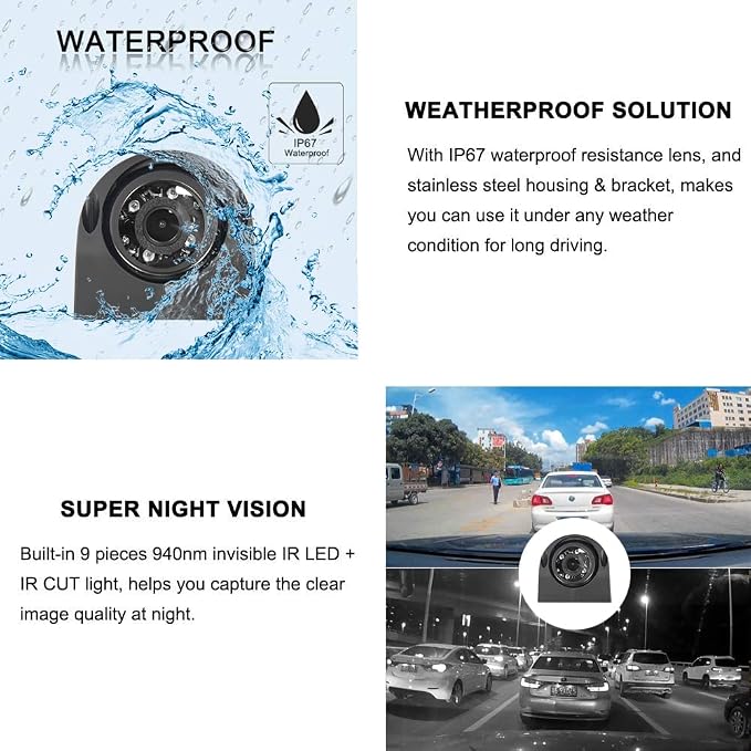 VSYSTO 3CH WiFi Truck Dash Cam, 3" LCD Screen HD 1080P Front & 720P Sides Backup Camera, Waterproof Infrared Night Vision Lens DVR for Semi Trailer Van Tractor Car Vehicle RV, G-Sensor Loop Recording