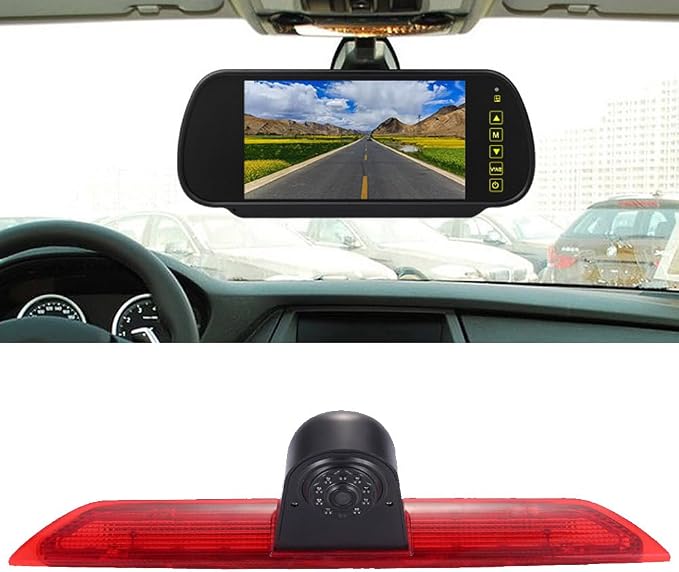 HD Brake Light Reversing Camera with 7 Inch Rear View Mirror Monitor, Waterproof Night Vision Rear View Camera Replacement for Ford Transit Tourneo Custom Jumbo Box V363 F150 F250 F350 V636 MK8