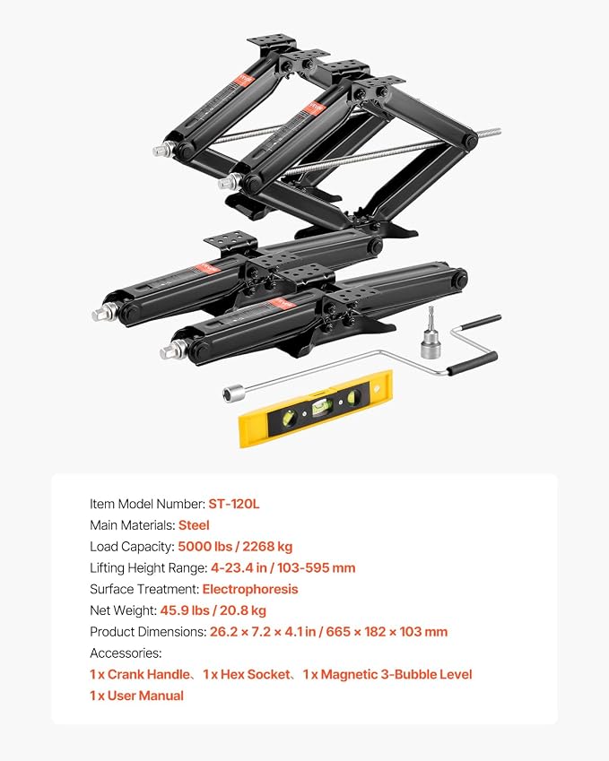 VEVOR 5000 lbs RV Scissor Jacks, 4-23.4 in RV Stabilizer Leveling Scissor Jacks, Set of 4, Heavy Duty Stabilizer Jack with Crank Handle, Socket and Bubble Levels, Not Easily Bent or Deformed