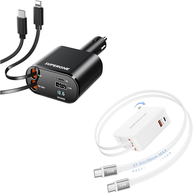 SUPERONE Retractable Car Charger & Retractable Wall Charger Plug