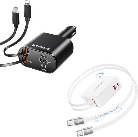 SUPERONE Retractable Car Charger & Retractable Wall Charger Plug