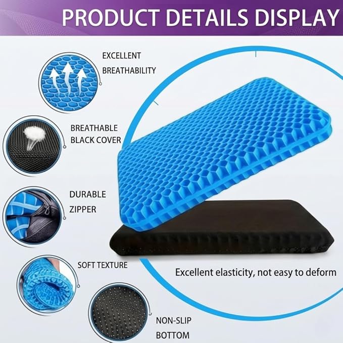 Gel Seat Cushion – Ergonomic Comfort for Office, Car, Travel & Pregnancy | Back Pain, Coccyx, Supports Spine, Breathable & Cooling for Summer | Designed for Chairs & Long Sitting