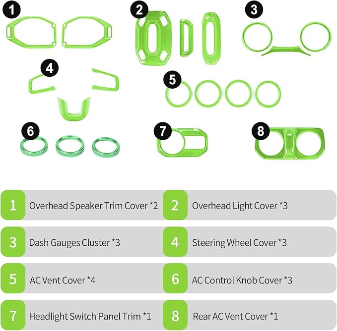 RT-TCZ for Jeep JL Green Interior Trim Cover Kit for Jeep Wrangler JL JLU 2018-2023 AC Vent Trim Rings Green Interior Accessories 20pcs