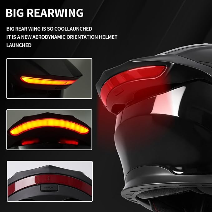 Bluetooth Modular Motorcycle Helmets with Tail Lights, DOT Approved Flip Up Full Face Motorcycle Dual Visor Helmet, with Dual Speakers and Microphone, for Adults Men and Women