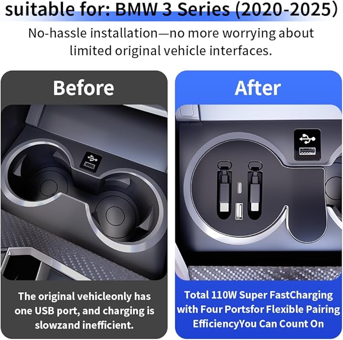 Car USB Hub Docking Station for BMW 3/M3 2019-2026，BMW 4 /M4 2021-2026，I4 2022-2025，2 Series 2022-2026 Type-C Fast Charger Auto Interior Centre Console Accessories Cigarette Lighter Phone Charging