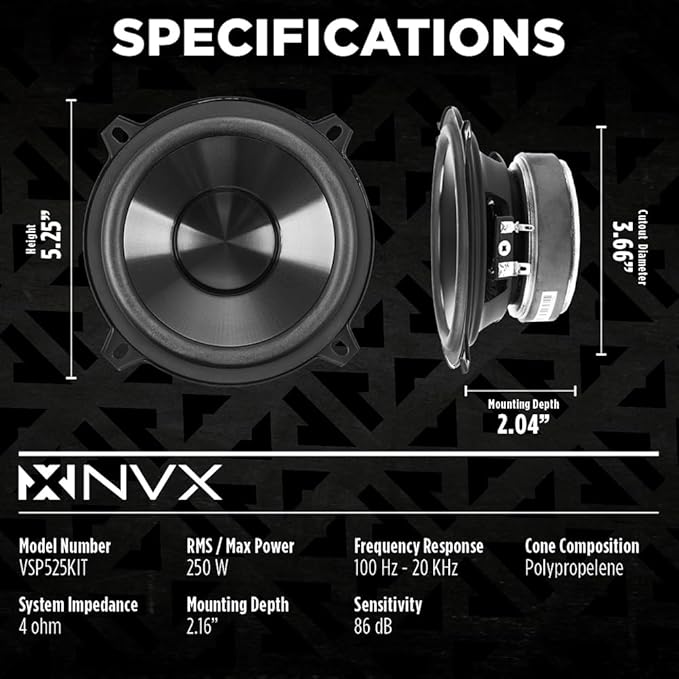 NVX VSP525KIT 750W Peak (250W RMS) 5.25" V-Series 2-Way Component Speaker System with 25mm Silk Dome Tweeters