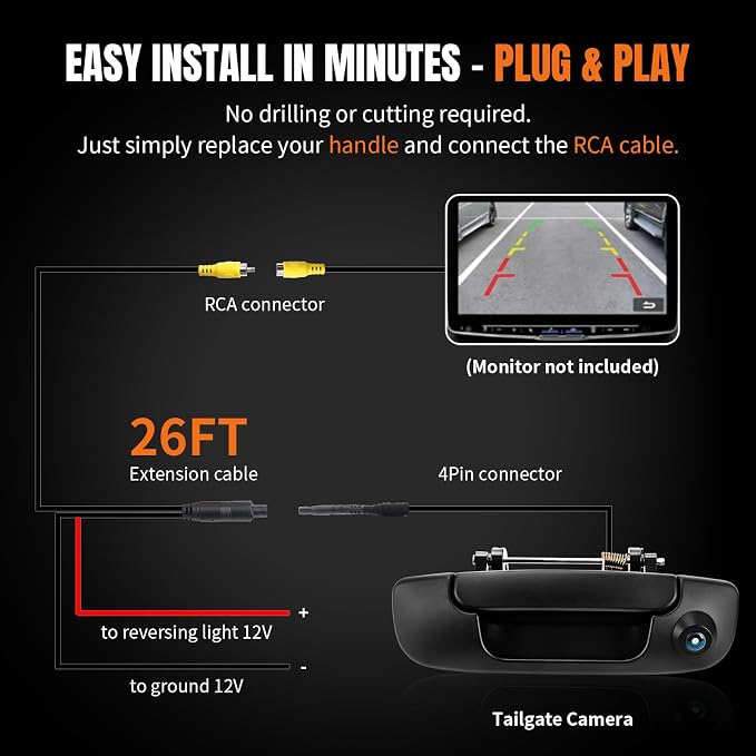 LCWRGS Tailgate Handle with Backup Camera Fits for 2002-2009 Dodge Ram | OE# 55276237AA Reverse Parking Assist Camera Night Vision, Wide-angle, Waterproof