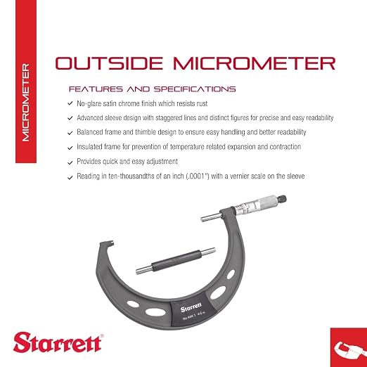 Starrett Outside Micrometer with Insulated Frame, Satin Chrome Finish and Advanced Sleeve Design - Quick and Easy Adjustment, 4-5" Range, .0001" Graduation - T444.1XRL-5