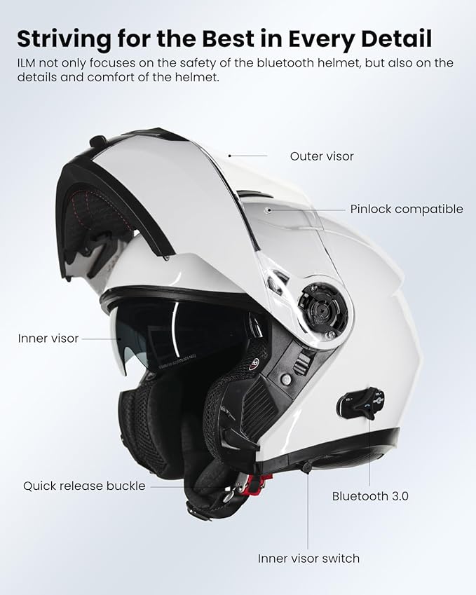 ILM Bluetooth Motorcycle Modular Helmet 2-3 Riders Intercom Flip up Full Face Helmet with Dual Visor DOT Model 159BT (White, L)