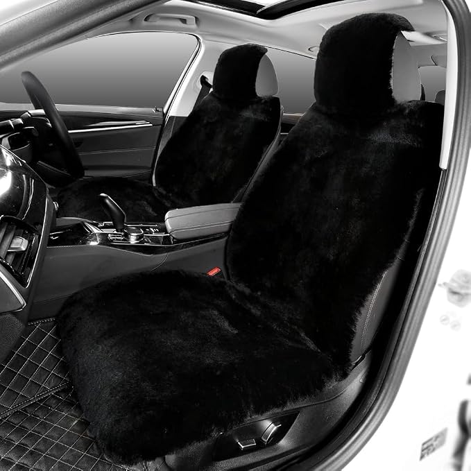 Fluffy Fur Sheepskin Car Seat Cover Automotive Interior Accessories Seat Covers Accessories Seat Cushions， Soft Natural Pure Wool ，Universal Fits Most Cars SUVs (Black, Universal Fit，Pack of 2)