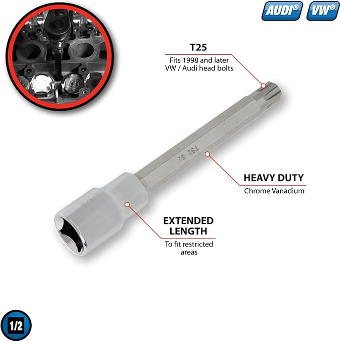 Performance Tool W83182 1/2 Drive 10 Polydrive Head Bolt Socket Bit Compatible With VW, Audi