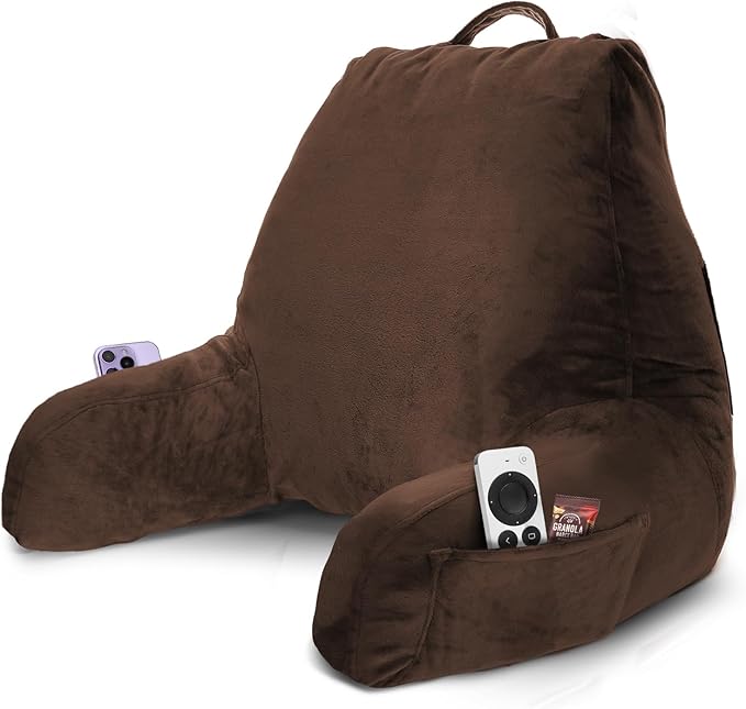 Nestl Reading Pillow with Shredded Memory Foam Designed for Sitting Up in Bed and Couch, Back and Arms Adjustable Support for Adult & Teens Backrest Pillows for Reading Washable Cover, Chocolate Brown
