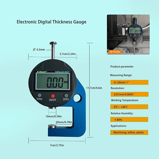 Digital Micrometer Measuring Indicator Measuring Range 0.0005‘’/0.01mm 0-20mm Measuring Indicator, Digital Thickness Gauge for Leather, Paper, Sheet Metal and More.