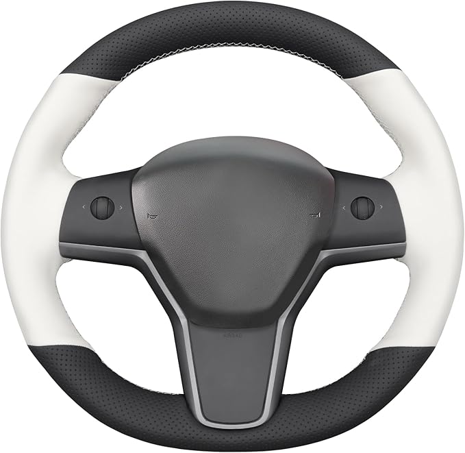 MEWANT Stitching Black White Faux Leather Steering Wheel Cover for Tesla Model Y Model 3 Steering Wheel Wrap Accessory