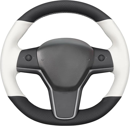 MEWANT Stitching Black White Faux Leather Steering Wheel Cover for Tesla Model Y Model 3 Steering Wheel Wrap Accessory