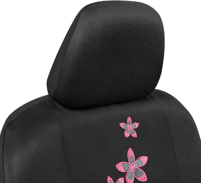 BDK Pink Floral Flower Print Car Seat Covers, Full Set with Steering Wheel Cover and Seat Belt Pads, Front and Rear Universal Fit for Car Truck SUV Van, Cute Auto Interior Accessory for Women