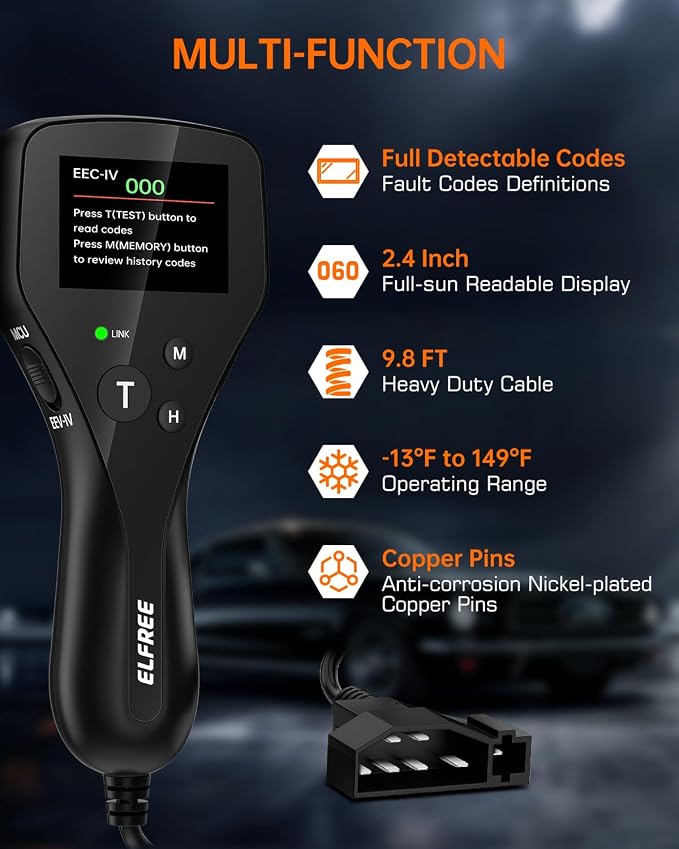 ELFREE OBD1 Scanner Compatible with Ford Lincoln Mercury 1981-1995, LCD Display Code Reader with Definitions, Plug and Play OBD1 Scann Tool, Reinforced Pins, 9FT Cable