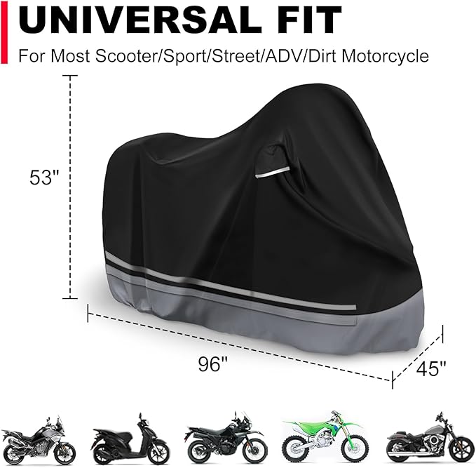 Waterproof Enclosed Motorcycle Storage Sheds Cover, 600D Oxford Cloth with All-Round Enclosed Zipper Motorcycle Shelter Garage Cover for Snow Rain Dust Protection, 96 L x 45 W x 53 H in