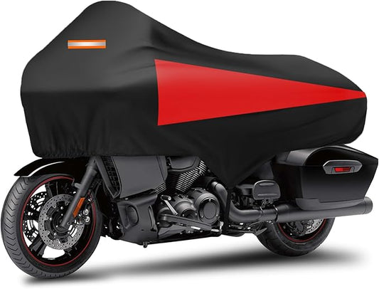 Motorcycle Half Cover with Elastic Hook and Reflective Strip Waterproof Dustproof Sunproof All-Day Protection Suitable for Touring Models Road King Street Glide Road Glide and More (Black&Red)