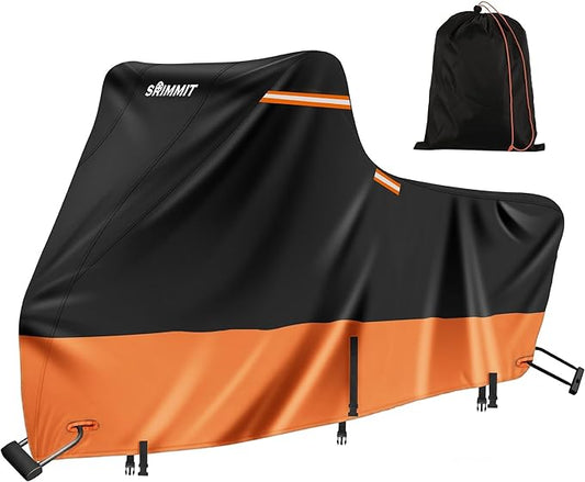 Motorcycle Cover Outdoor, 420D Heavy Duty, 5 Reflective Strips, 2 Air Vents, Waterproof Scooter Cover (2XL 96"x 43.3"x 55" Black & Orange)