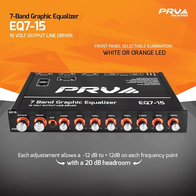 PRV AUDIO EQ7-15 7 Band Graphic Equalizer 15 Volt RCA Line-Level Output with Fader and Subwoofer Level Control for Car Audio